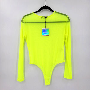 Missguided Women's Sz 8 One Piece Long Sleeve Slinky Neon Lime Bodysuit NWT